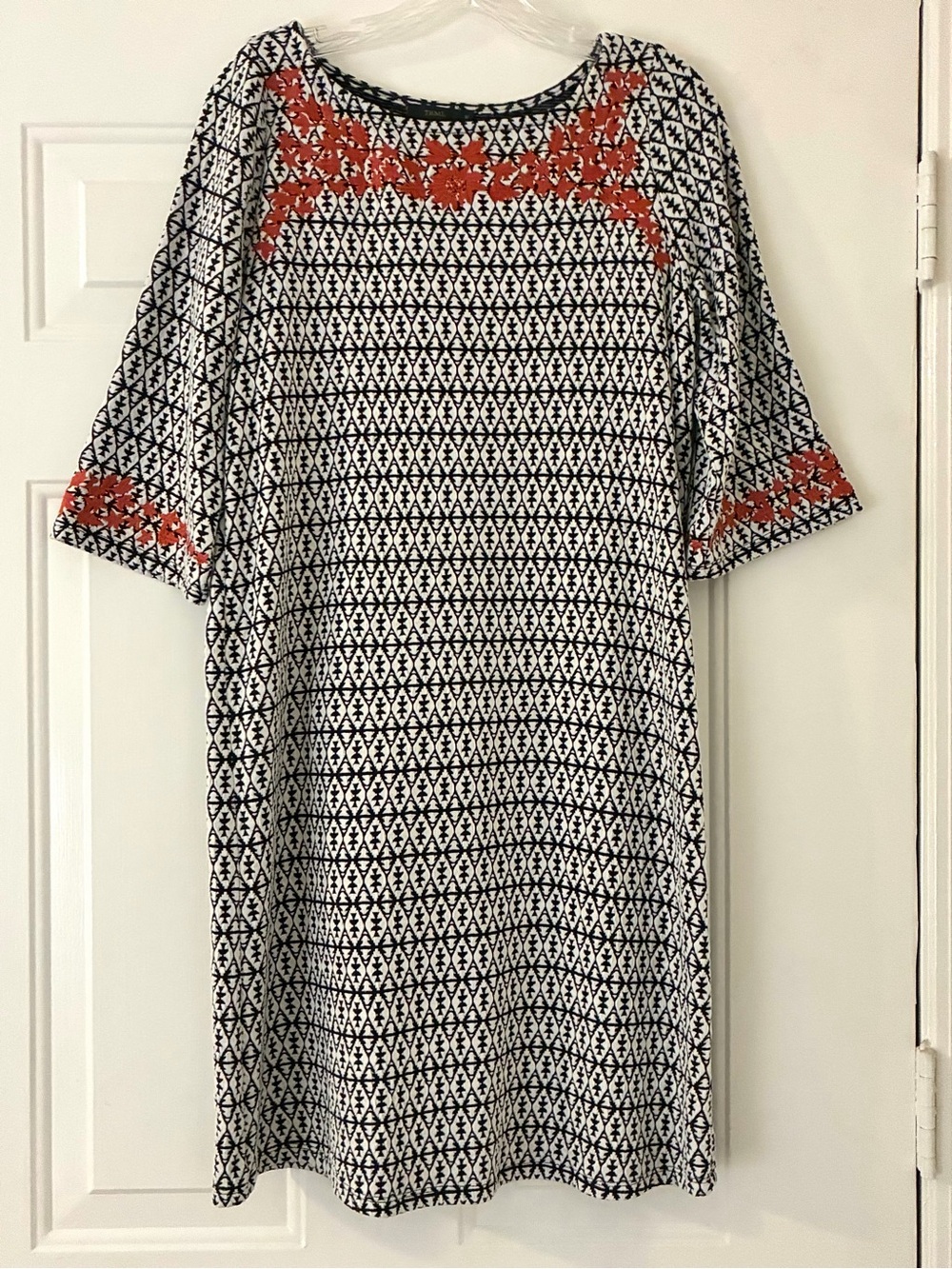THML Black & White Geometric Midi Dress with Coral Embroidery